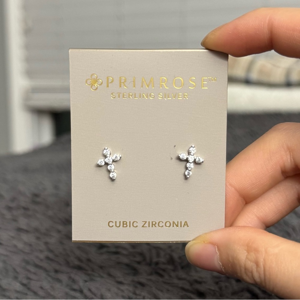 NEW Primrose Sterling Silver Rhinestone Stud Cross Shaped Earrings